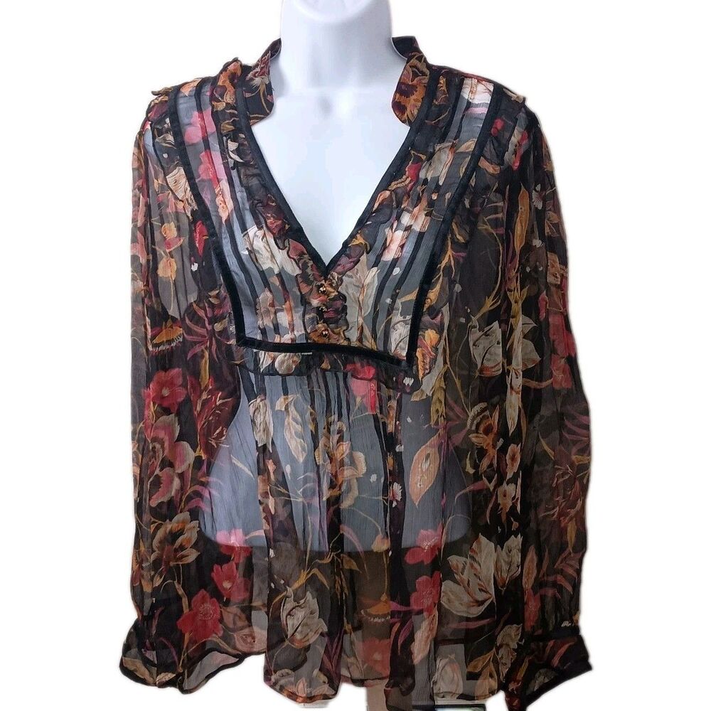 Johnny Was Jade Blouse Womens Medium 100% Silk Black Floral Sheer Gauzy Boho